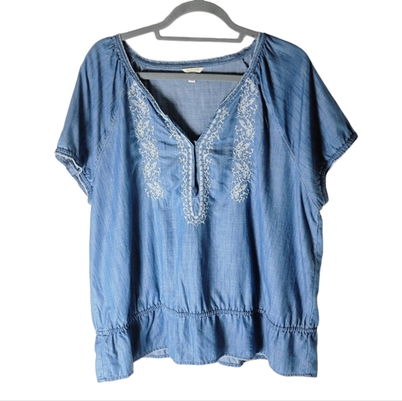 Sonoma embroidered chambray v neck raglan short sleeve peasant top size XL - Picture 1 of 6